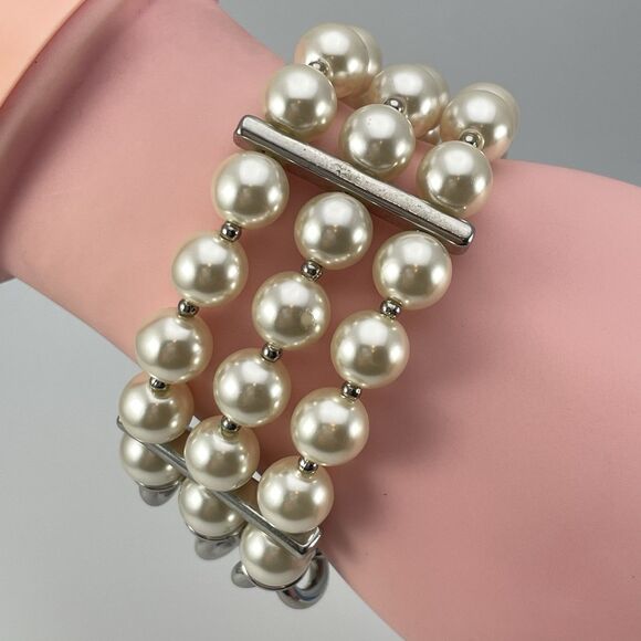 Statement Silver Tone Chain Faux Peal Multi Layer Bracelet Stretch Classic - Picture 2 of 5